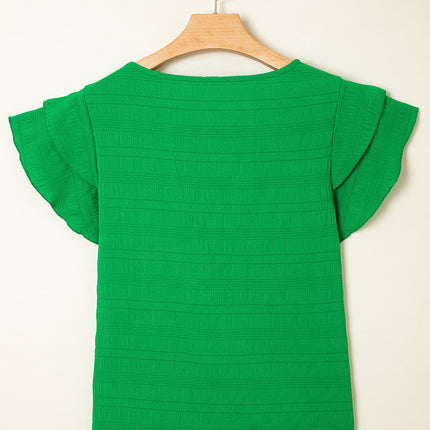 Dark Green Textured Ruffled Sleeve Round Neck Top