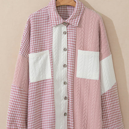 Pink Houndstooth Color Contrast Textured Patchwork Loose Shacket