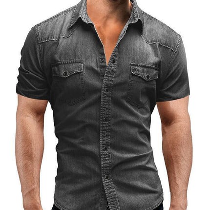 Casual Solid Color Men's Denim Short Sleeve Shirt