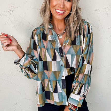 Green Geometric Print Buttoned Balloon Sleeve Loose Fit Shirt
