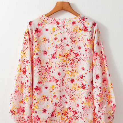 Pink Ditsy Floral Bubble Sleeve V Neck Blouse