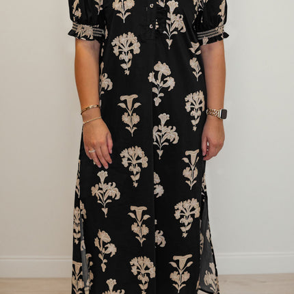 Black Floral Print Frilled Collar Short Puff Sleeve Maxi Dress