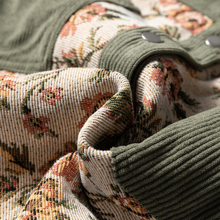 Sage Green Ribbed Retro Floral Patchwork Shirt Style Jacket