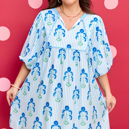 Sky Blue Floral Striped Bubble Short Sleeve Plus Size Dress