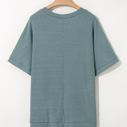 Moonlight Jade Oversized Ribbed Knit V Neck Dolman Short Sleeve Top