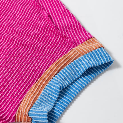 Bright Pink Textured Contrast Trim Round Neck T Shirt