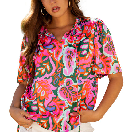 Rose Summer Plant Print Lace up V Neck Short Sleeve Blouse