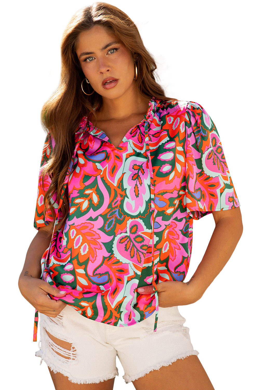 Rose Summer Plant Print Lace up V Neck Short Sleeve Blouse