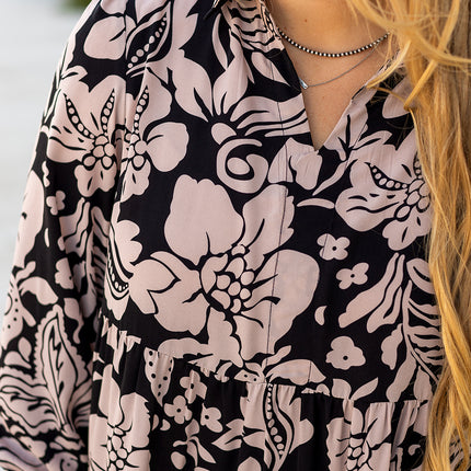 Black Plus Size Floral Printed Puff Sleeve Collared Maxi Dress