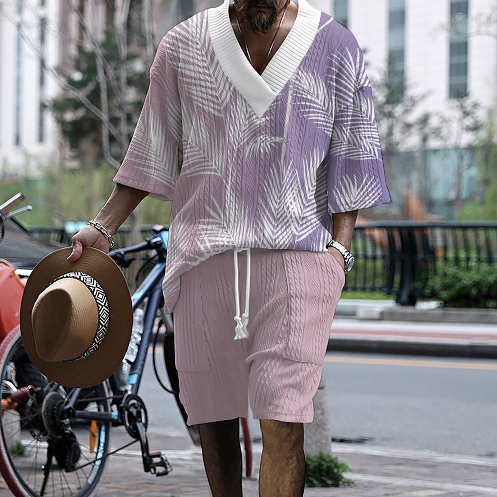 Printed Drop-shoulder Men's Knitted Short-sleeved Shorts Suit