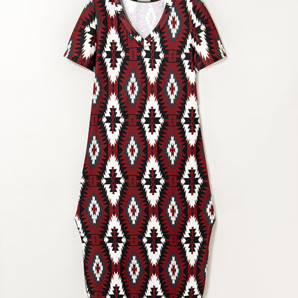 Red Western Aztec Printed Long T-shirt Dress