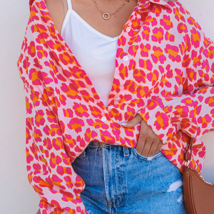 Rose Leopard Printed Button Up Loose Shirt