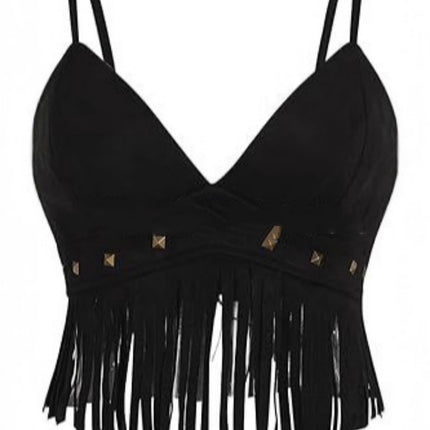 Womens Fringed Sleeveless Spaghetti-Strap Faux Suede Vintage Top