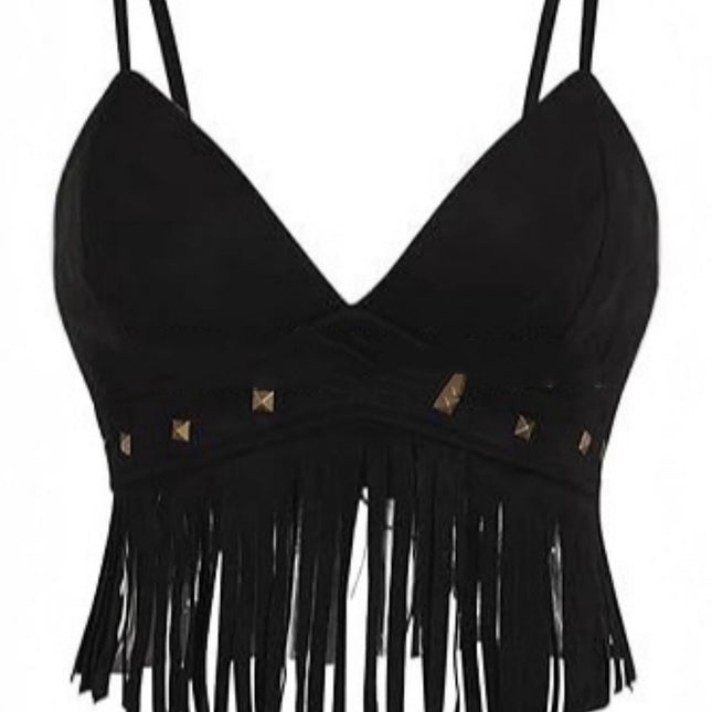Womens Fringed Sleeveless Spaghetti-Strap Faux Suede Vintage Top