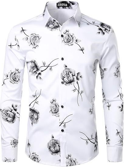 3D Golden Rose Print Slim Fit Long Sleeve Formal Wear Shirt