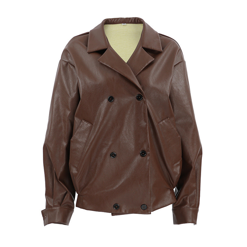 Women's Elegant Suit Collar Loose Leather Coat