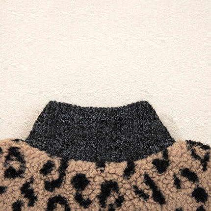 Khaki Leopard Print Zip Up Stand Neck Side Pocket Jacket