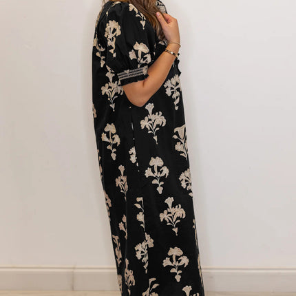 Black Floral Print Frilled Collar Short Puff Sleeve Maxi Dress
