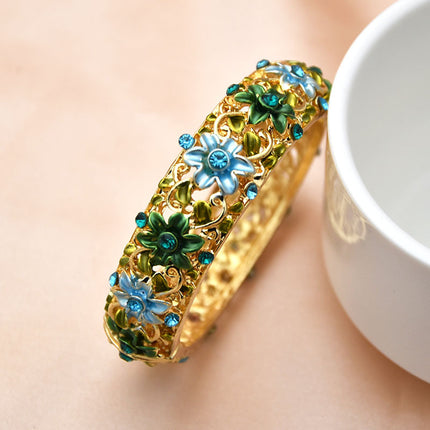 Vintage Court-Style Hand-Painted Bracelet With Diamond-Inlaid Hollow Sea Poppy Design, Entirely Handcrafted
