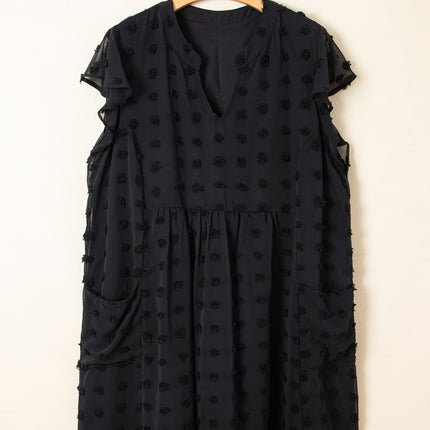 Black Dotty Textured Notched Neck Plus Ruffled Dress