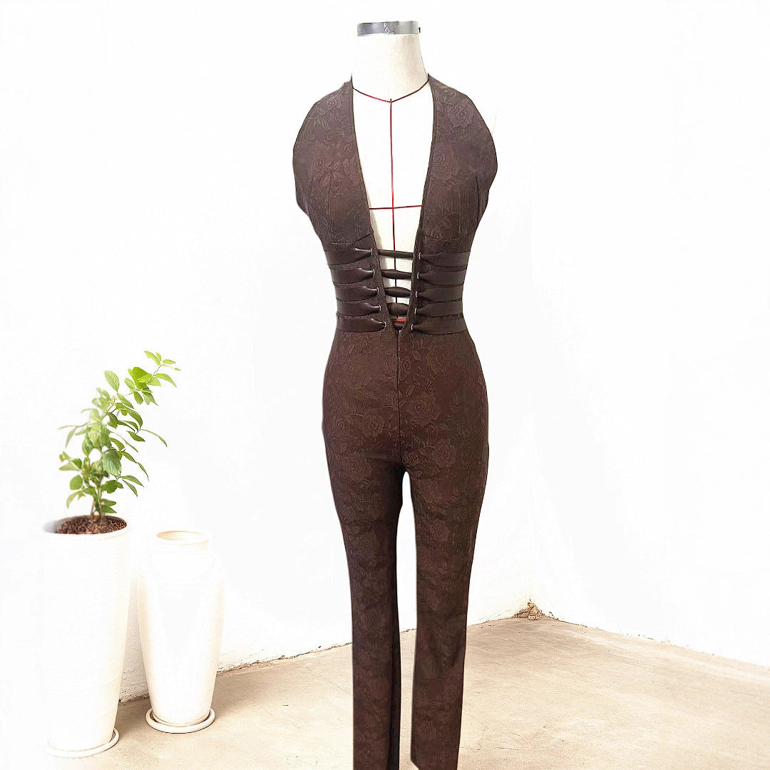 Sexy Lace Trousers Deep V Bandage Lace-up Halter Jumpsuit