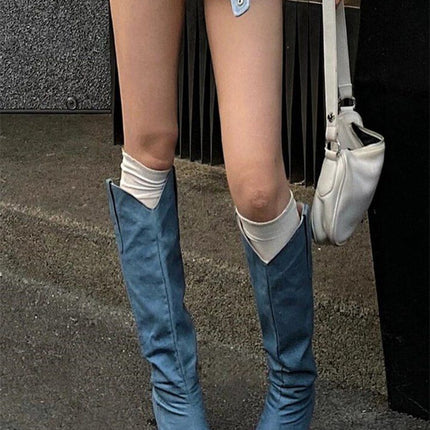 Niche Slimming V Cut Blue Waterproof Platform Western Cowboy Boot