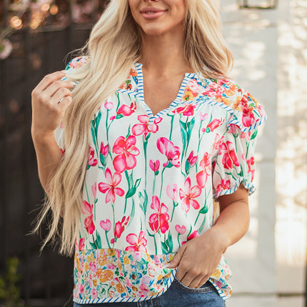 Pink Floral Print Striped Detail Split Neck Short Sleeve Blouse