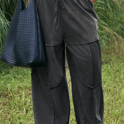 Black Plus Size Mineral Wash Exposed Seam Patchwork Drawstring Loose Pants