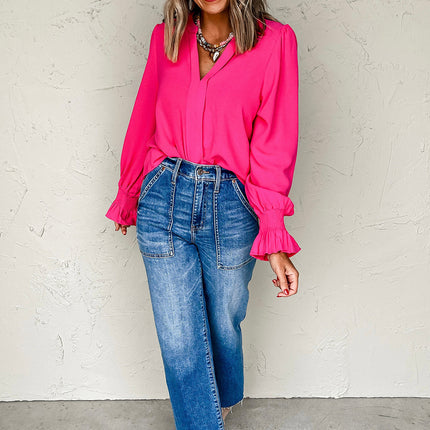 Rose Red Solid Color Shirred Cuff Notch V Neck Blouse