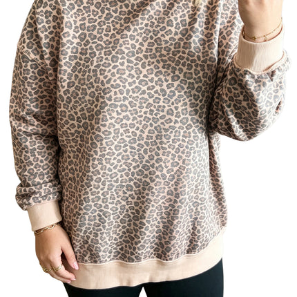 Multicolour Plus Size Leopard Print Ribbed Color Block Mock Neck Tunic Sweatshirt