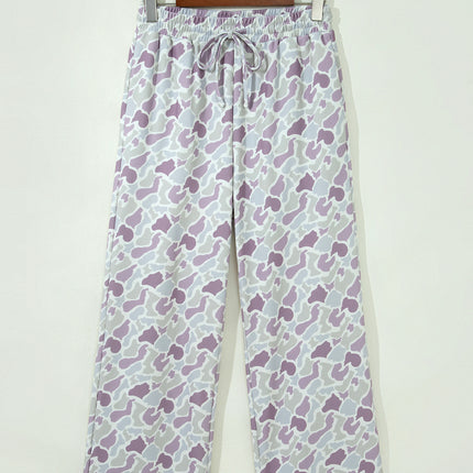 Green Camo Print Drawstring Waist Loose Fit Full Length Pants