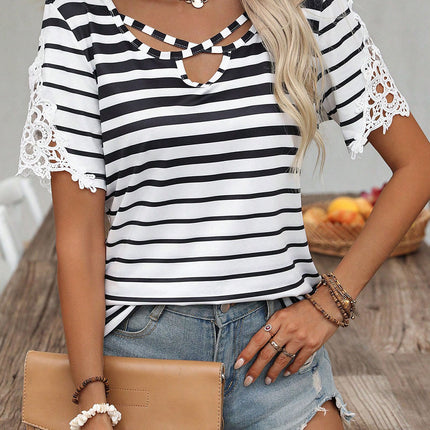Black Stripe Cross Straps Hollowed Neck Lace Splicing Short Sleeve Blouse