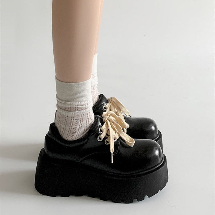Retro British Matte Black Thick Sole Increased By Lace-up Leather Shoes