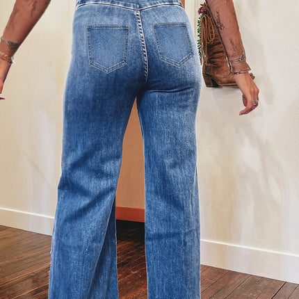 Sail Blue High Waist Button Fly Seamed Raw Hem Flare Jeans