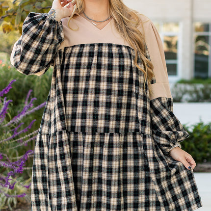 Black Plaid Waffle Knit Patchwork Collared V Neck Plus Size Mini Dress