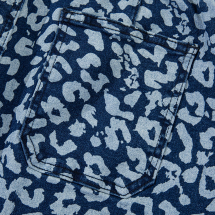 Blue Leopard Printed Drawstring Elastic Waistband Pocketed Wide Leg Jeans