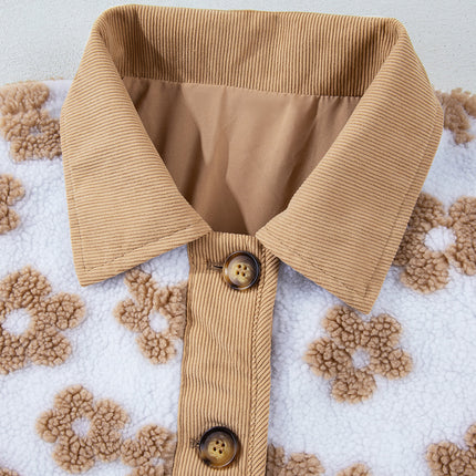 Light French Beige Cute Flower Pattern Button Up Fleece Jacket