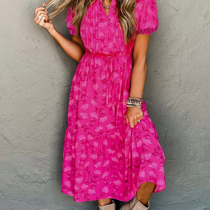 Rose Red Floral Print Pleated Drawstring Flowy Midi Dress