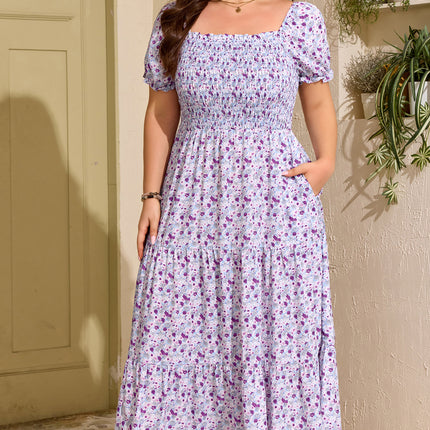 Purple Plus Size Floral Print Square Neck Smocked Maxi Dress