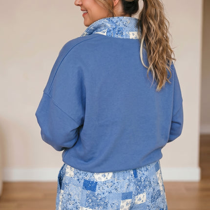 Blue Floral Patchwork V-Neck Long Sleeve Short Bottoms Plus Size Set