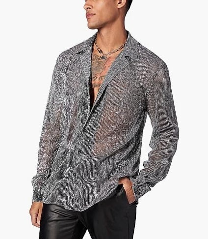 Fashion Shiny Crystal See-through Lapel Long Sleeve Shirt