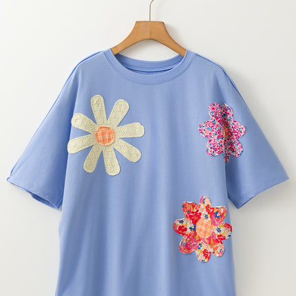 Sky Blue Flower Patched Exposed Stitching Trim Crew Neck Loose Tee