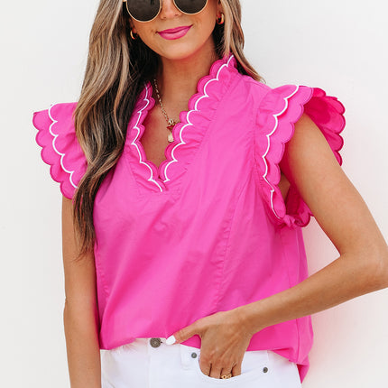 Bright Pink Contrast Scallop Trim Layered Short Sleeve V Neck Blouse