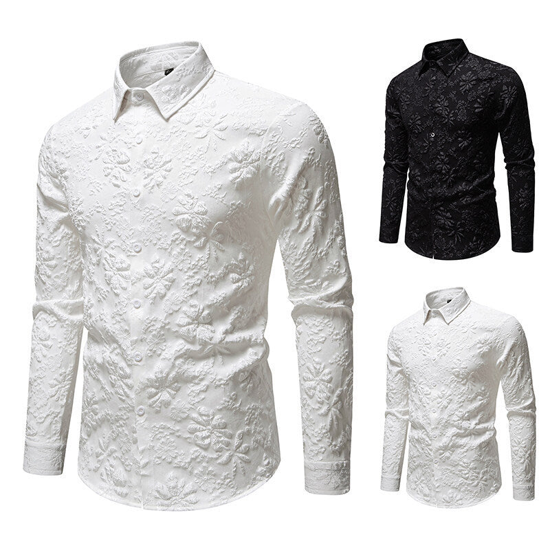 Men's Floral Long Sleeve Shirt Fashion Jacquard Loose-fitting Plus Size Tops