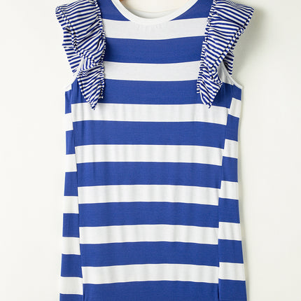 Sky Blue Stripe Contrast Ruffled Sleeve T-shirt Dress