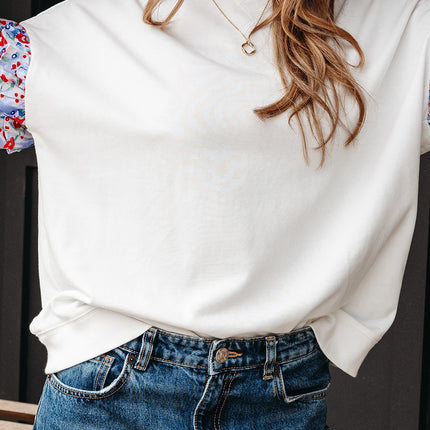 White Floral Ruffled Balloon Sleeve Patchwork Loose Blouse