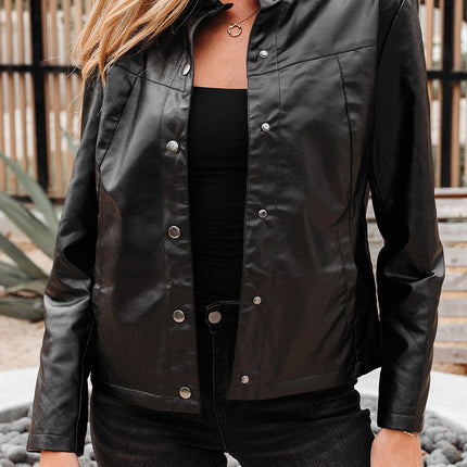 Black Faux Leather Buttoned Front Boxy Jacket