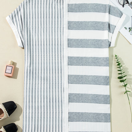 Gray Stripe Mixed Printed Short Sleeve Shift Mini T Shirt Dress