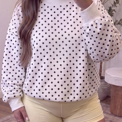 White Polka Dot Ribbed Stand Neck Plus Size Casual Sweatshirt