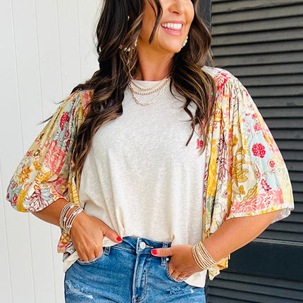 Beige Floral Patchwork Half Batwing Sleeve Blouse